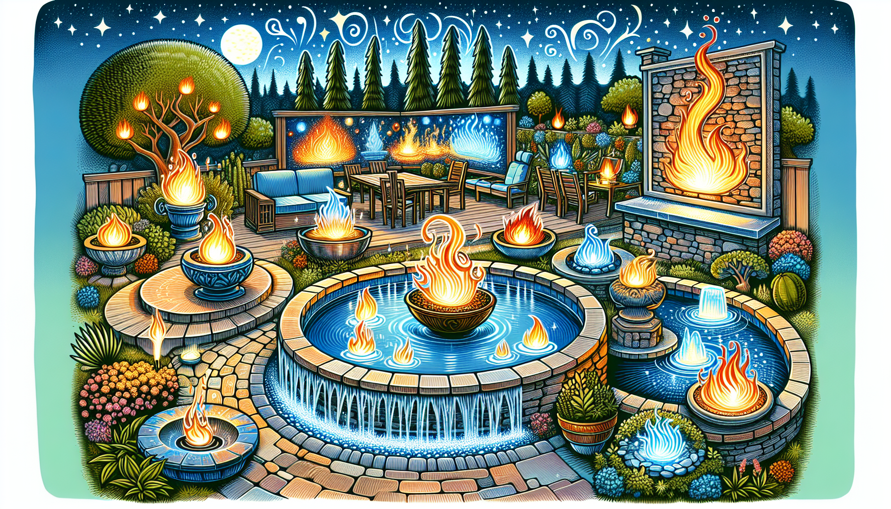 Types of pool fire features including fire bowls, pits, and fire walls