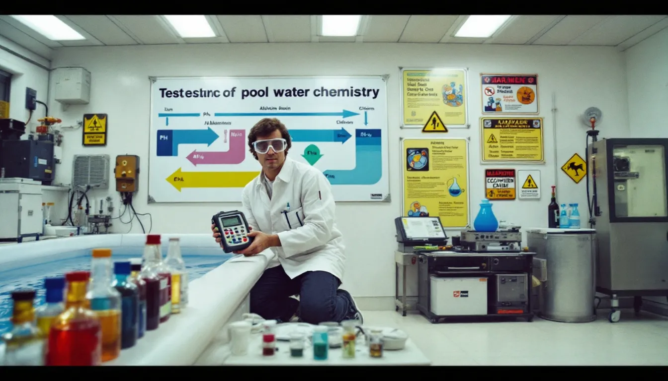Pool water test kit with pH and chlorine test strips being used