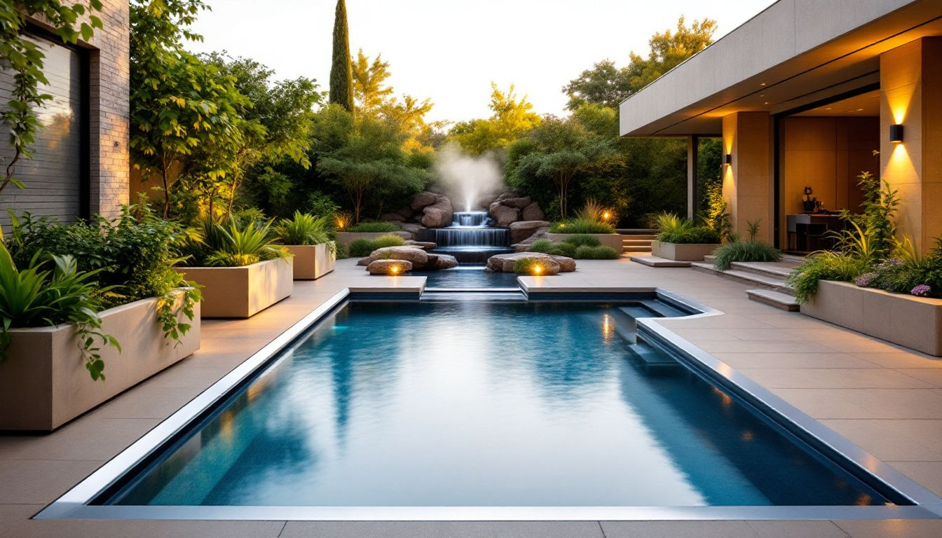 Built-in waterfall and fountain features on a residential swimming pool
